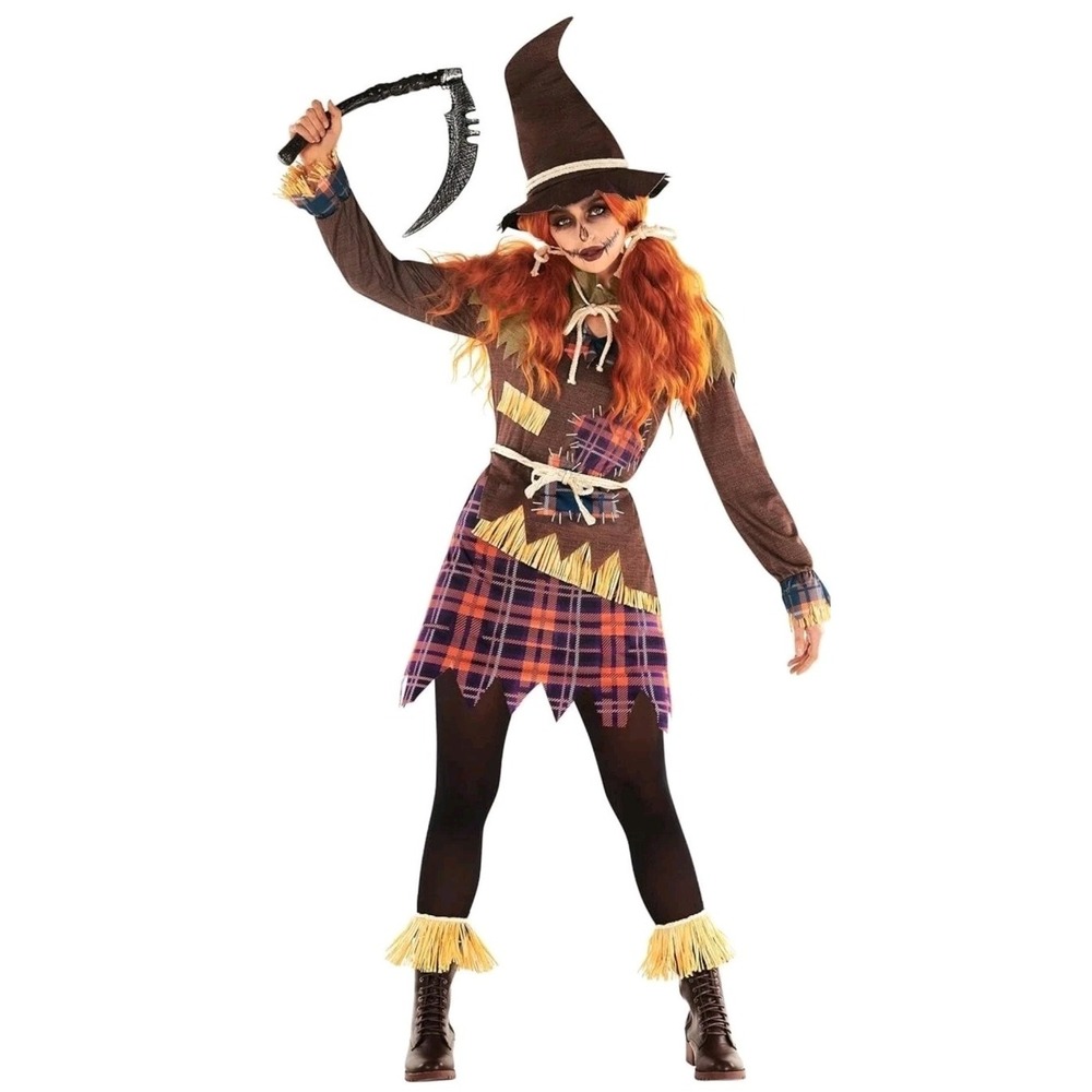 Women`s Creepy Scarecrow Costume + Hat Ladies Spooky Halloween Outfit Small